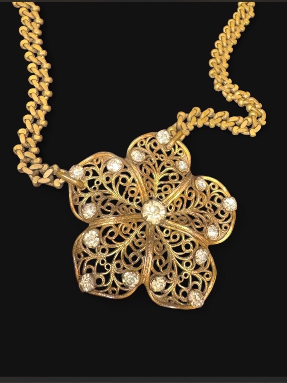 Vintage Gold Filigree Flower Statement Necklace Rhinestone Center scrolling